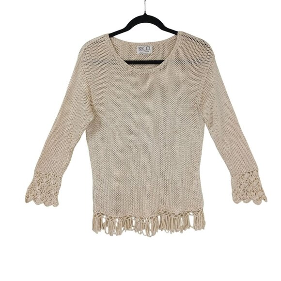 Rico Sweater With Scalloped Hem & Bell Sleeves S Handmade Crochet Knit Womens - Picture 1 of 11
